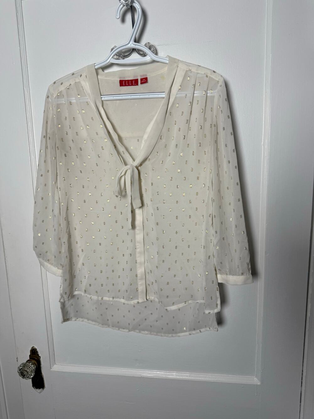 Elle Women's White Gold Sheer Button Down Tie Top Blouse Size XS 3/4 Sleeve